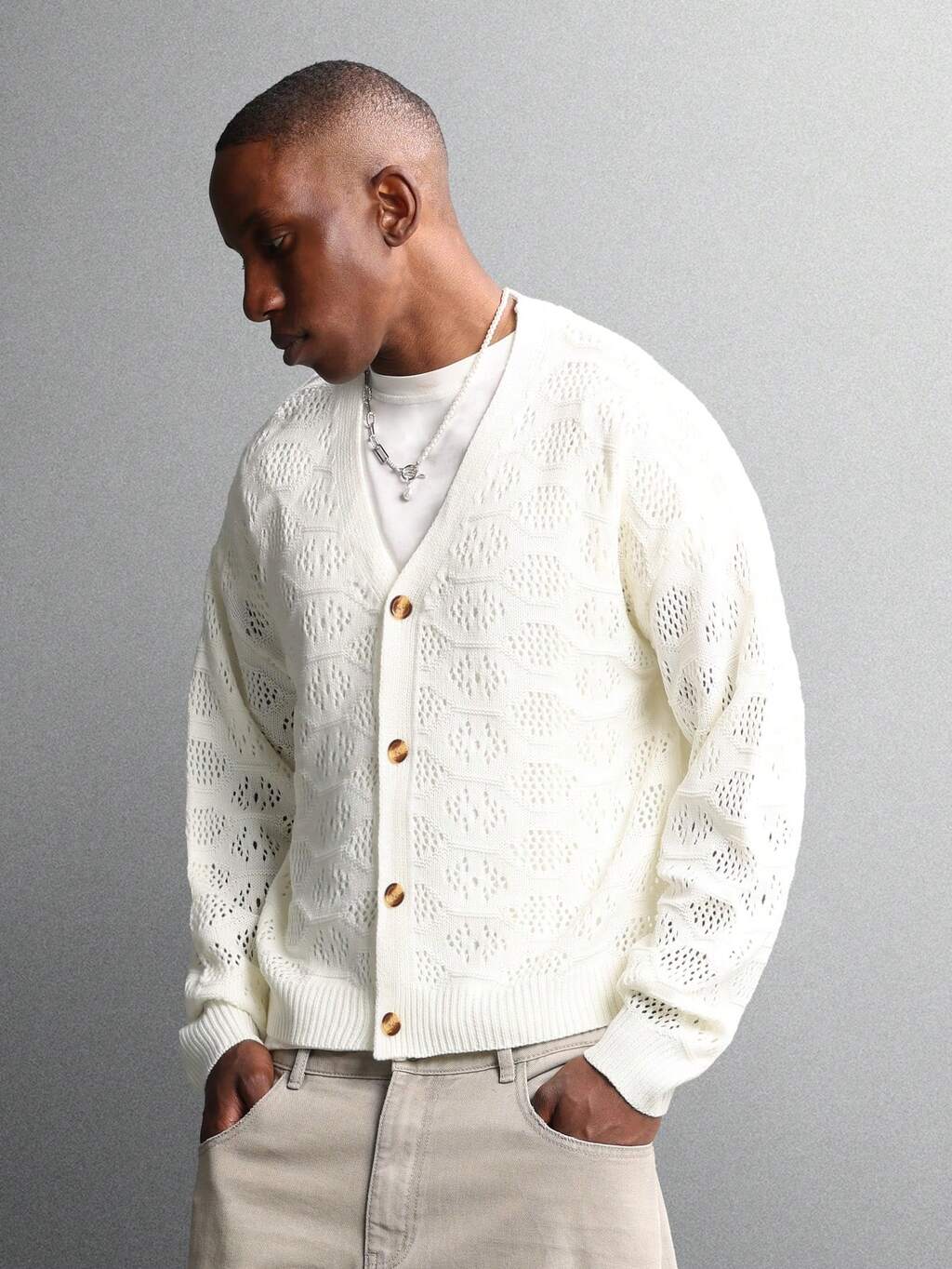 Knit Button Front Cardigan With Textured Pattern