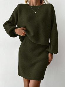 EURMUSE Women's Casual Solid Color Sweater And Knitted Skirt 2 Pieces Set - Army Green - View 6