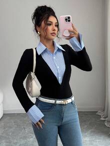 Jeanoix Elegant Patchwork Striped Waist Cinched Long Sleeve Top For Women - Black - View 6