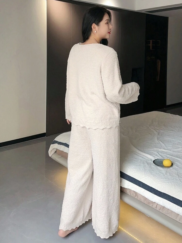 Dazy Plus 2pcs Plus Size Floral Decor Knit Sweater Pants Pajama Set, Suitable For Loungewear Or Outerwear, Autumn/Winter, Cozy Outfit, Fall Clothes