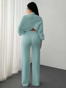 EURMUSE 2 Pieces Ribbed Knit Lounge Set Featuring Asymmetrical Sweater With Decorative Bow Accents And Matching High-Waisted Pants - Mint Green - View 2