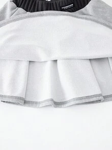 2 件女童条纹衬衫领拼布运动衫，带袖口和松紧腰双层蛋糕裙针织迷你裙休闲装，秋季 - 淺灰色 - 查看 4