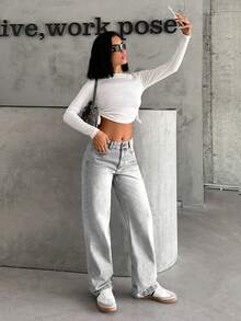 EURMUSE WOMEN STRAIGHT LOW WAIST JEANS - Grey - View 6