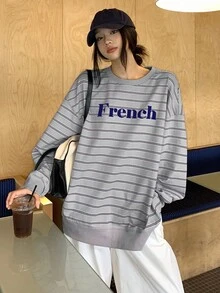 DAZY 女士/女孩休闲条纹圆领长袖运动衫，秋冬 - 灰色 - 查看 5