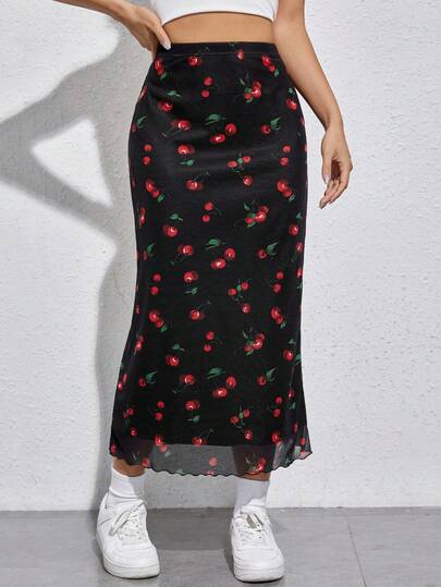 SHEIN EZwear Falda con estampado de cereza con malla