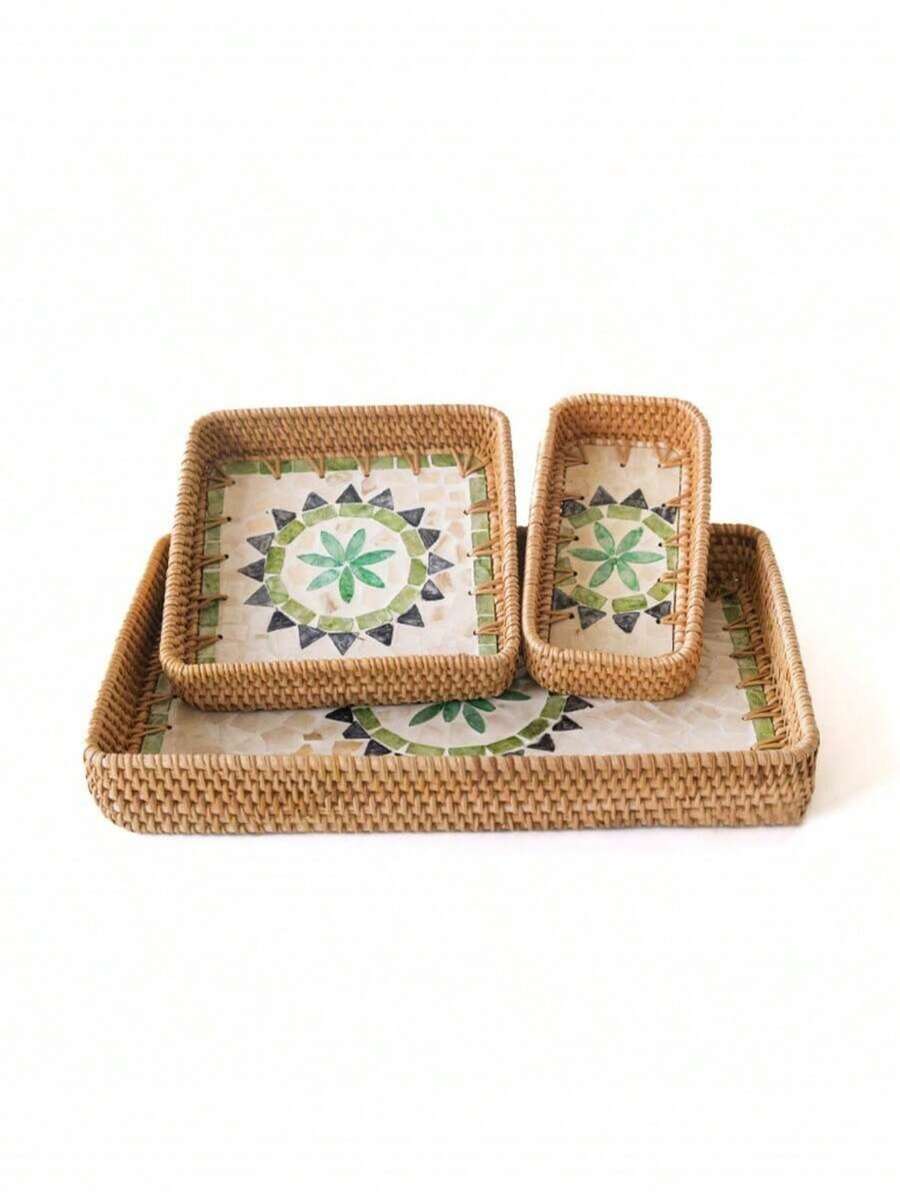 SHEIN 1 chiếc khay/hộp đựng trái cây vuông đa năng kiểu Bohemian thủ công, đan bằng mây, thích hợp cho nhà hàng/dã ngoại ngoài trời, lưu trữ tại nhà, trang trí đám cưới, đĩa đựng trái cây. - màu xanh lá - Xem 1