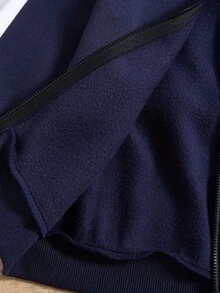 两件套男童蓝白运动拼接撞色印花连帽拉链外套和抽绳运动裤套装，带保暖内衬，冬季保暖 - 藍白色 - 查看 8