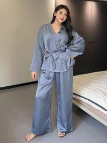 Dazy Plus 2pcs/Set Elegant Plus Size Women Casual Solid Color Lace-Up Top And Pants Pajama Set, Fall Clothes - Royal Blue - View 1