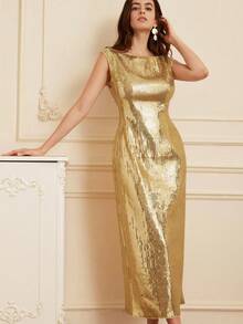 Aveloria Rosie European & American Style New Autumn/Winter Off Shoulder Cinched Waist Luxury Long Sequin Dress For Party - Gold - View 3