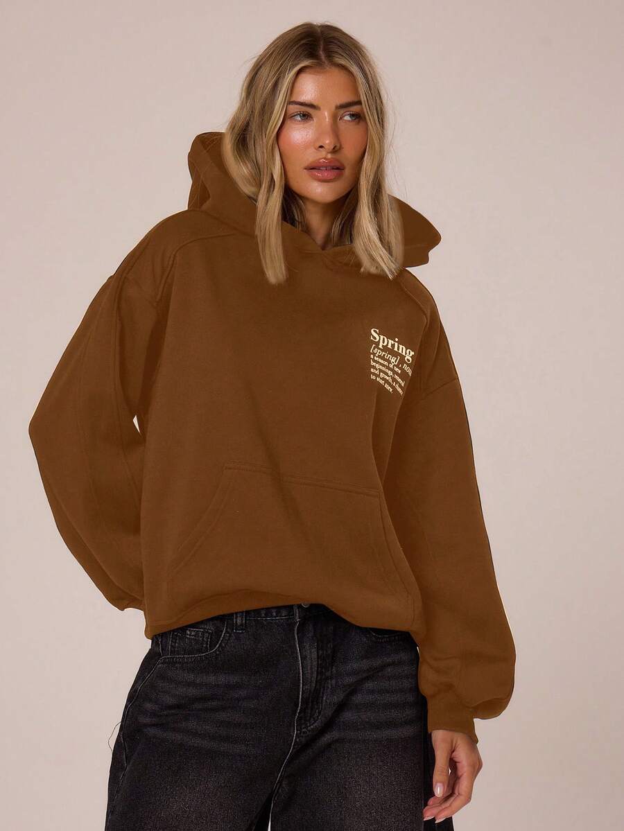 MUSERA Sudadera con capucha de corte holgado y relajado con estampado gráfico "Primavera" para primavera y verano, casual y linda para vacaciones y vuelta al colegio - Marrón Chocolate - Ver 1