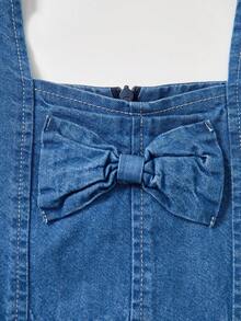 Elladie kids Girls Blue Autumn Washed Casual Fitted Pleated Denim Dress,Ruched Hem,Cute Bow Decor,Suitable Everyday Wear,Minimalist & Fashionable Fall Winter - Medium Wash - View 7