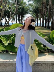 DAZY Áo thun nữ cổ tròn tay dài rộng rãi cài nút phía trước thời trang thu đông - Màu xanh lam - Xem 3