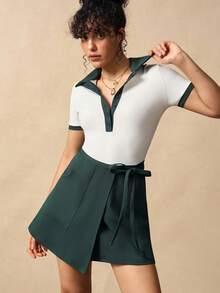 VARSIVA Trainingsanzug-Set für Frauen, Kontrast-Farbiges Polokragen Kurzarm Jumpsuit und Mini-Rock Sport-Set - Verschiedenfarbig - Übersicht 5