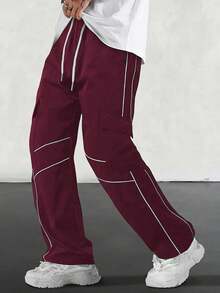 Gym Rark Men's Contrast Piping Drawstring Waist Slant Pocket Lightweight Cargo Pants Sweat Pants - Burgundy - View 5