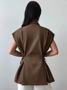 Firerie 女士新款休闲优雅百搭金属纽扣亚麻棕色薄西装外套/仿亚麻西装外套/褶皱领带上衣/商务休闲女装/女士教师装/女士复古服装/秋冬 - 咖啡棕 - 查看 2