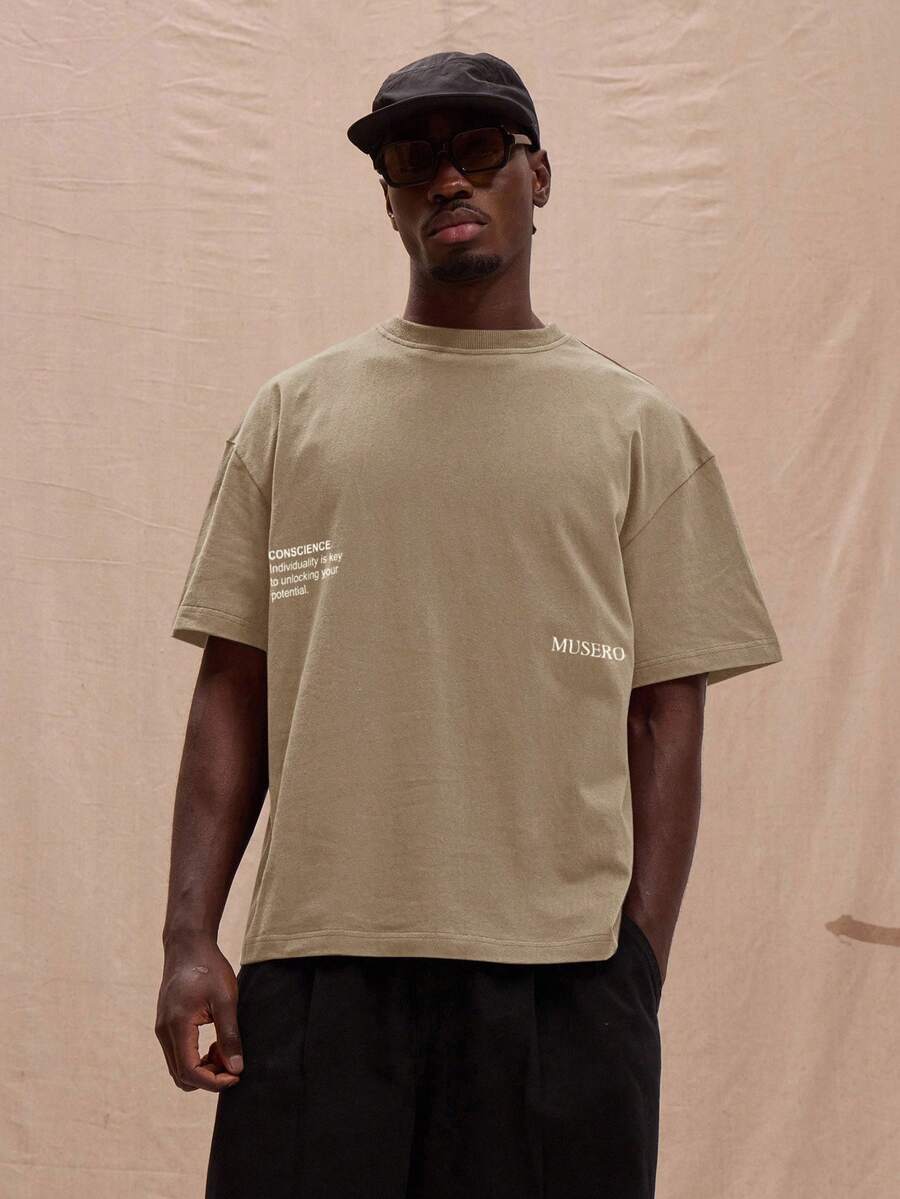 Musero Tricou supradimensionat cu slogan grafic, primăvară, vară, stil de stradă - Kaki - Vizualizare 1