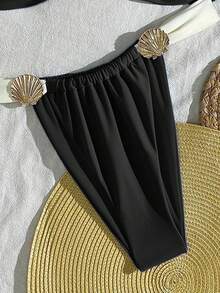 SHEIN Swim 2pcs Women's Solid Color Patchwork Shell Decor High Waist Triangle Bikini Set, Minimalist Daily Swimwear - Black and White - View 4