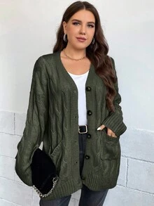 EURMUSE 大码女式纯色落肩前扣宽松针织休闲开衫 - 軍綠色 - 查看 5