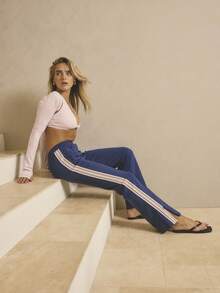Aralina Pantalones acampanados con detalles de rayas laterales, bolsillo con cremallera frontal y pliegues, para uso deportivo, gimnasio, aeropuerto, otoño/invierno, de peso pesado - Azul Marino - Ver 1