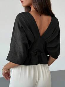 Aloruh 女士纯色深V领蝙蝠袖褶皱设计时尚衬衫，黑色上衣夏季度假休闲衬衫 - 黑色 - 查看 3