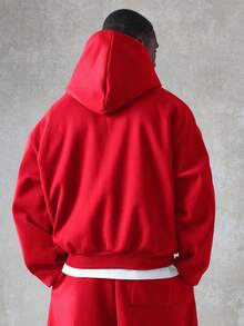 SUMWON 高级全拉链连帽抓绒衫，秋冬季休闲日常外套，街头风经典简约设计，厚实保暖，纯色 - 紅色 - 查看 3