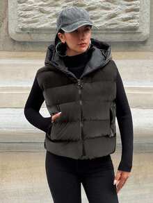 EURMUSE Woman Solid Color Woven Padded Insulated Velvet Look Winter Sleeveless Vest Coat Hoody Neck Crop Length Winter Vest - Grey - View 5