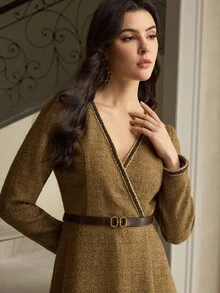 ZEYLAH Vestido elegante de manga larga con cuello en V y largo medio para mujeres - Café - Ver 2