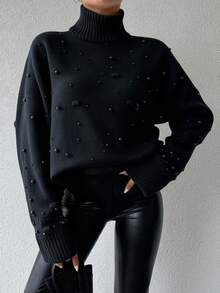 EURMUSE Maglione Da Donna Con Collo Alto E Spalle Scese Con Perline - nero - Visualizzare 3