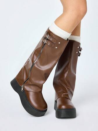 Grunge Punk Stivali da donna con fibbia e cerniera, platform, altezza metà polpaccio, adatti per uso quotidiano, stile punk scuro, campus, Y2K, gotico, in pelle, gambale alto