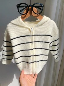 SHEIN 男宝宝/女宝宝秋冬时尚休闲黑白条纹连帽开衫毛衣外套，适合幼儿园 - 黑與白 - 查看 6