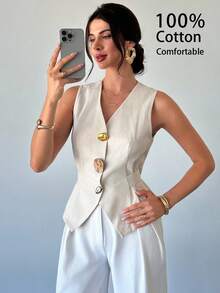 Firerie Women's Elegant Beige Summer Brunch Minimalist Linen Cotton Metal Button V-Neck Sleeveless Vest Shirt,Urban Chic Back-To-School Teacher Casual Tops - Apricot - View 8