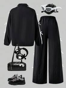 2pcs/Set Fashionable Casual Girls' Black Patchwork White Ribbon Sports Jacket With Zipper Stand Collar And Loose Fit Pants, Bowknot Print On Front, White Ribbon Patchwork On Sleeve And Pant Side, Suitable For Autumn/Winter, Warm, Outdoor, Street, Daily Casual, Home, Travel, School Season Fall