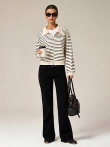 Hanevo Women's Fashion Casual Striped Full-Zip Drop Shoulder Jacket - Multicolor - View 4