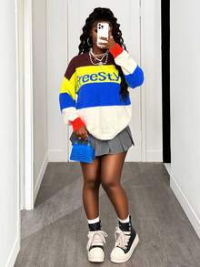 BamGleam Women's Sweaters,Knitted Long Sleeves,Loose Multi-Color Blue White Stripe,Autumn,Streetwear,School,Back-To-School,Leisure Parties,Spring And Winter - Multicolor - View 4