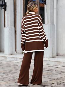 RueChic 2 piezas Conjunto de suéter de manga larga holgado casual y pantalones de pierna ancha para mujer - Marrón - Ver 2