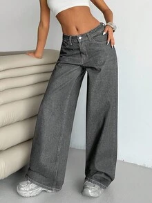 SHEIN Cottnline WOMEN LOW WAIST WIDELEG CASUAL STREET DARK BLUE WITH BACK LABEL WATER WASH - Light Grey - View 5