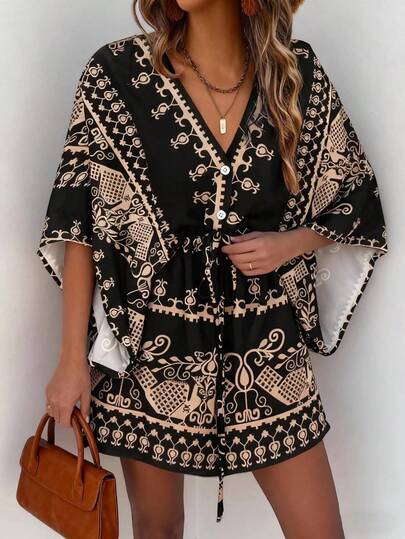 SHEIN LUNE Women's Vintage Style Batwing Sleeve Printed Dress With Cinched Waist For Vacation And Casual Occasions