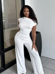 Alexandranx White Stretch Texture Asymmetric Collar Top And Wide-Leg Pants With Elastic Waistband Pants Women's Two Pieces Set Casual Everyday, Elegant For All Seasons Business Casual Woman Women Two Pieces Outfits Office - White - View 2