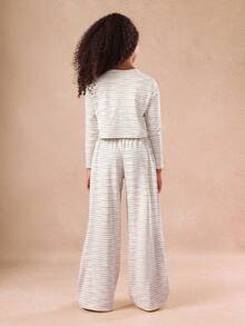 SUMWON Girls Striped Co Ord Set Long Sleeve Crop Top Wide Leg Pants Outfit Casual Ribbed Knit Two Piece Matching Set Fall Winter Leisure Wear - Blue - View 2