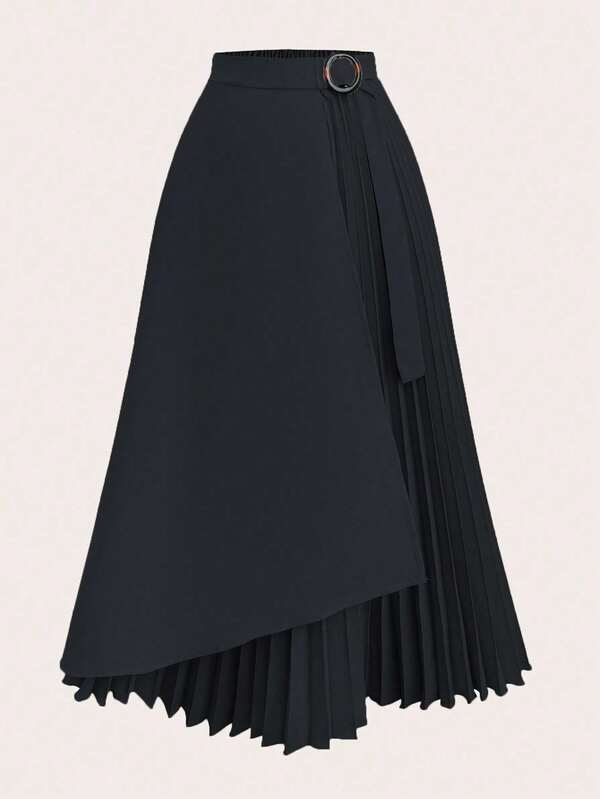 Modelyn Plus Solid Ring Detail Contrast Pleated Skirt