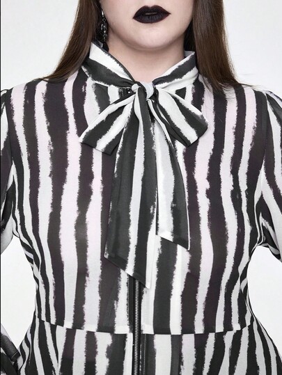 Gothic Black & White Striped Flare Sleeve Fitted Plus Size Chiffon Blouse