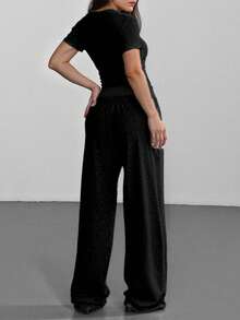 SHEIN EZwear 2件套加大码女式夏季休闲刺绣标志灰色套装 - 黑色 - 查看 2