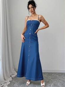 Modelyn Women's Elegant Lace Trim Spaghetti Strap Dress, Summer - Navy Blue - View 5