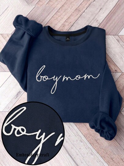 EMERY ROSE Plus Size "Boy Mom" Sweatshirt,Unisex Crew Neck Pullover For Everyday,Navy Blue Autumn Smart Casual Mother's Day Gift,Teacher Back To School Pullover