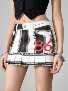 ROMWE Avant Star Rivet Positioning Print Casual Button Women Denim Mini Skirt - Black and White - View 1