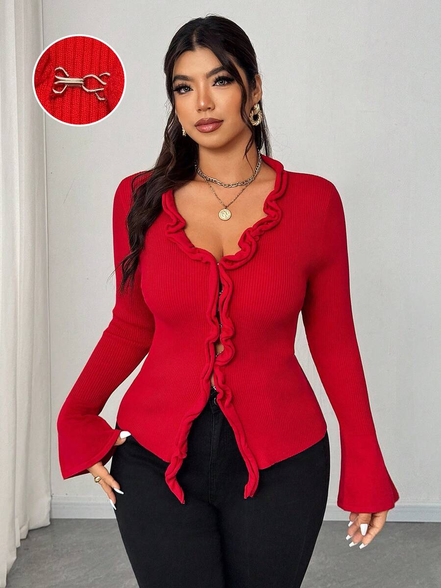 Elenzga Cardigan in maglia con scollo a V profondo, maniche a sbuffo, elegante e casual, arricciato, per donna, colore rosso, taglia oversize, adatto per l'inverno - Rosso - Visualizzare 1