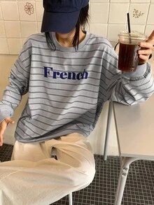 DAZY 女士/女孩休闲条纹圆领长袖运动衫，秋冬 - 灰色 - 查看 6