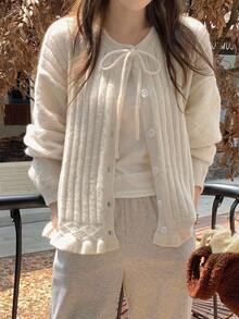DAZY Women's Korean Style Solid Color Casual Bowknot Cardigan - Apricot - View 4