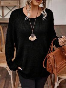 EMERY ROSE Plus Size Women Solid Color Round Neck Drop Shoulder Long Sleeve Casual Loose Pullover Sweater, Autumn - Black - View 3
