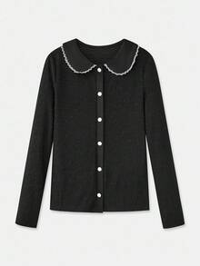lacRébo Black Textured Rib Long Sleeve Top With Contrast Trim Collar And Buttons Fall Women Clothes Spring Summer Elegant Top - Black - View 7